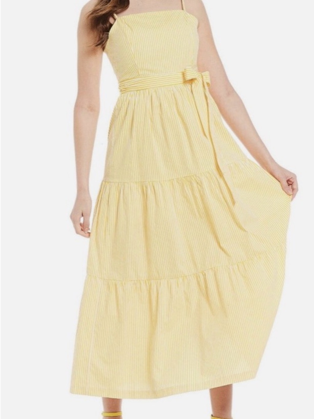 J Crew Yellow Striped Tiered Maxi Dress with Waist Tie